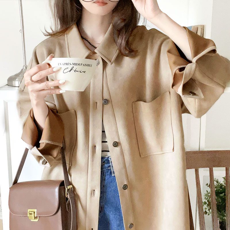 日本 Classical Elf - 時尚麂皮輕量大口袋長袖襯衫-米杏