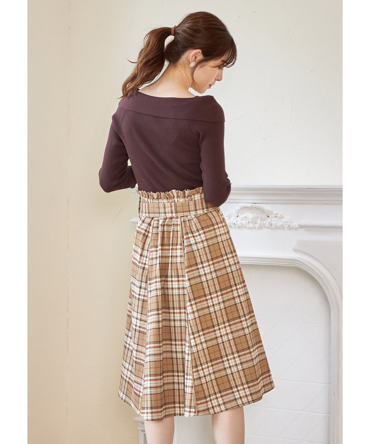 日本 tocco-closet - 蝴蝶紐結格紋修身長裙-簡約黑