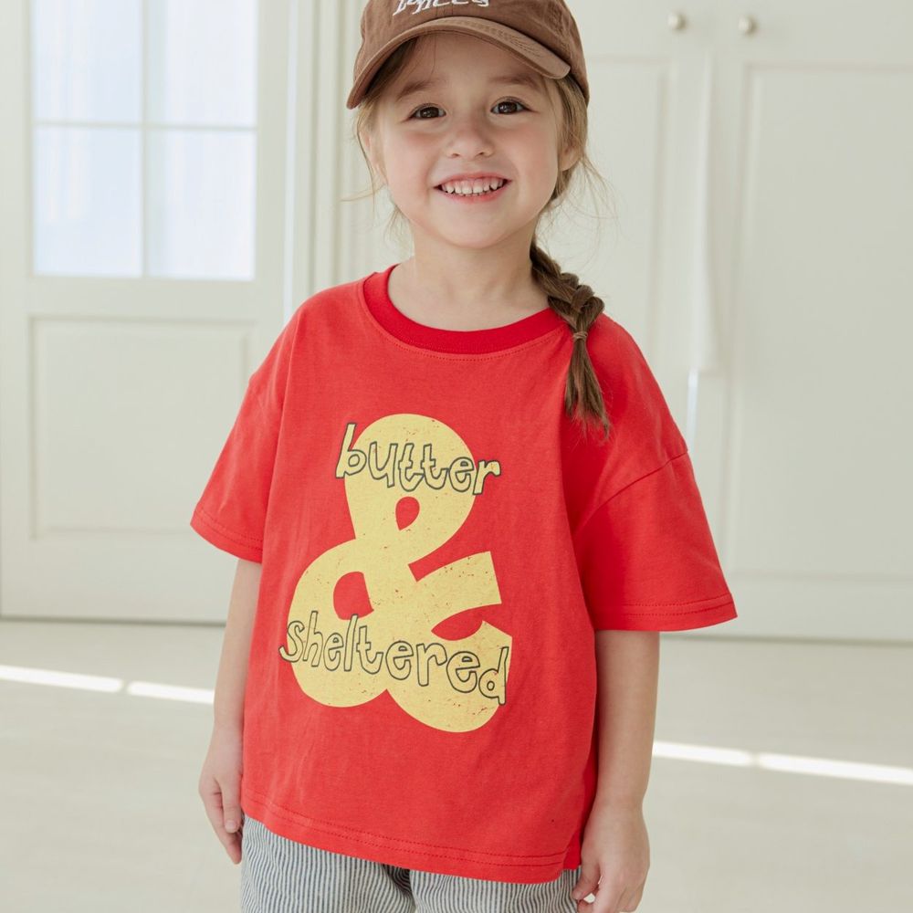 ERINJ 復古斑駁圖案純棉短袖上衣-&-紅