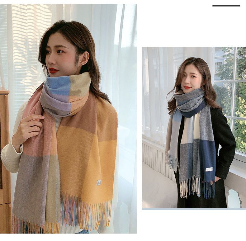 韓系仿羊絨大格子暖暖圍巾-粉+深酒紅 (200x70cm)