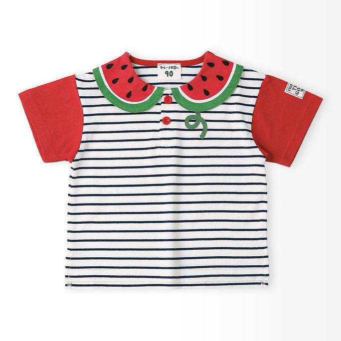 日本 ZOOLAND - 水果造型領天竺棉短袖上衣-檸檬條紋-粉紅x白