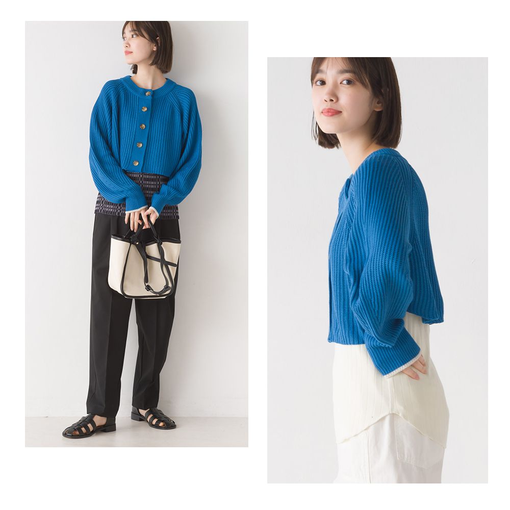 日本 OMNES - 圓領俏麗短版粗針織外套-淺卡其