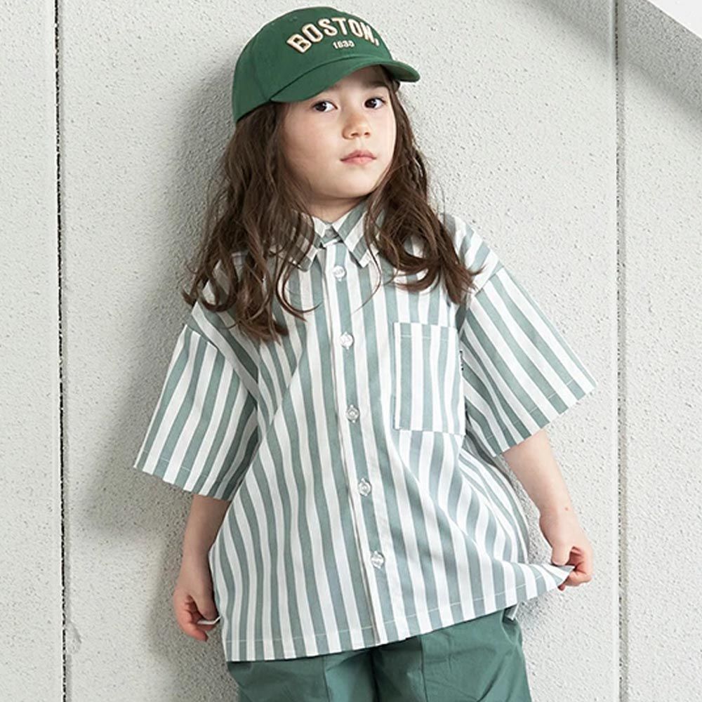 日本 b-ROOM - 時髦寬鬆短袖襯衫-粗條紋-煙燻綠