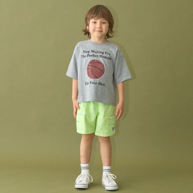 日本 b-ROOM - 球類印花舒適天竺棉短袖上衣-籃球-灰