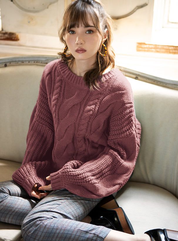 日本 GRL - 不規則編織紋圓領針織毛衣-米