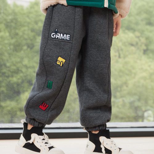 加絨腰鬆緊休閒保暖束口長褲-GAME-深灰色