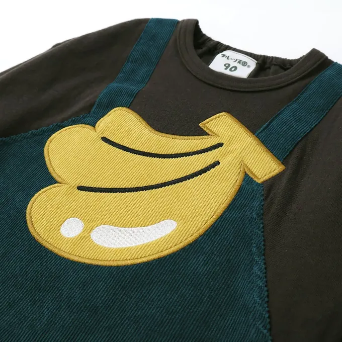 日本 ZOOLAND - 水果樂園 燈芯絨吊帶拼接長袖上衣-草莓-白X紅