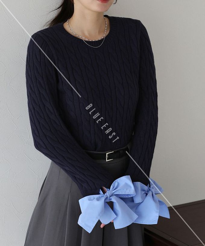 日本 BLUE EAST - 亮麗蝴蝶結緞帶袖麻花針織上衣-象牙白