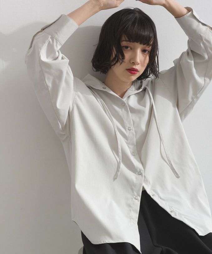 日本 ELENCARE DUE - 復古風磨毛寬版連帽長袖襯衫-黑