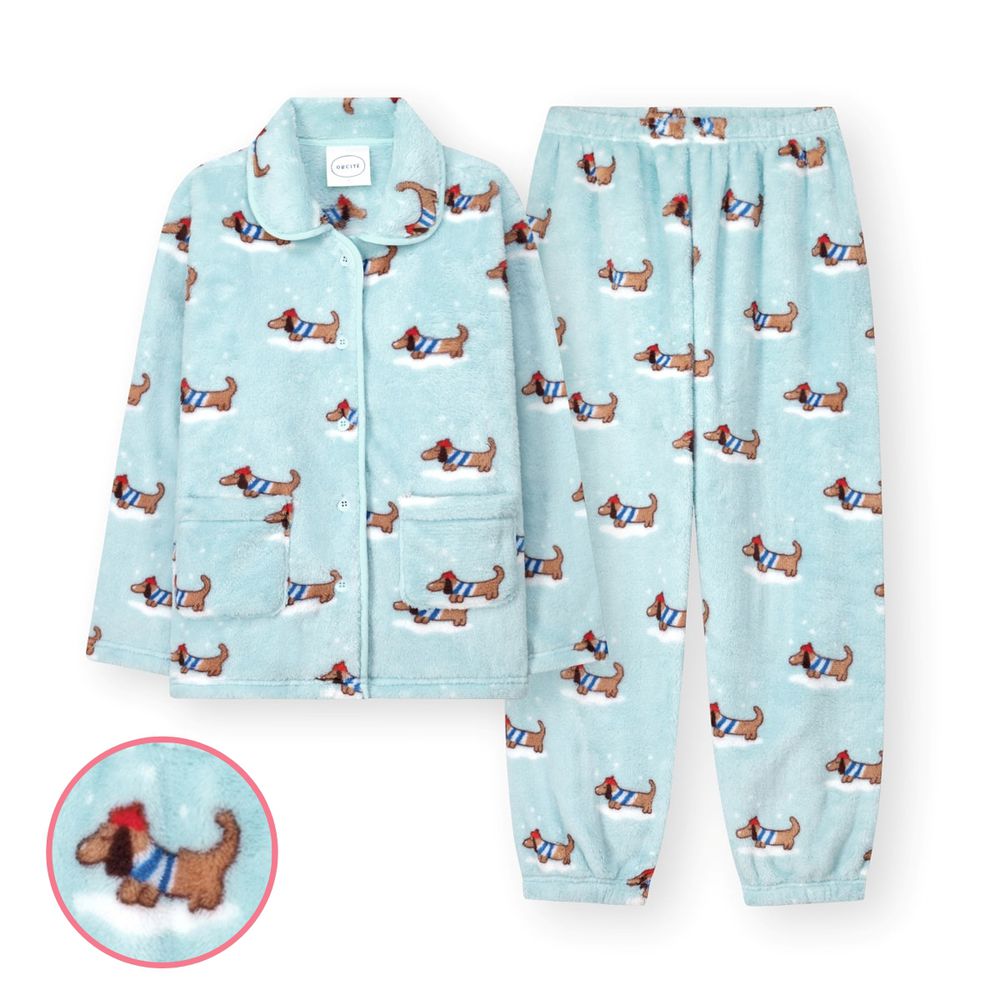 (媽媽)蓬鬆柔軟天鵝絨保暖長袖睡衣套裝-狗狗-天藍