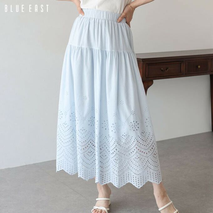 日本 BLUE EAST - 甜美雕花蕾絲下擺鬆緊長裙-白