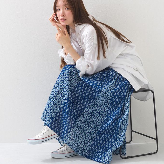 日本 OMNES - 100%印度棉 奢華印花飄逸感長裙-紫