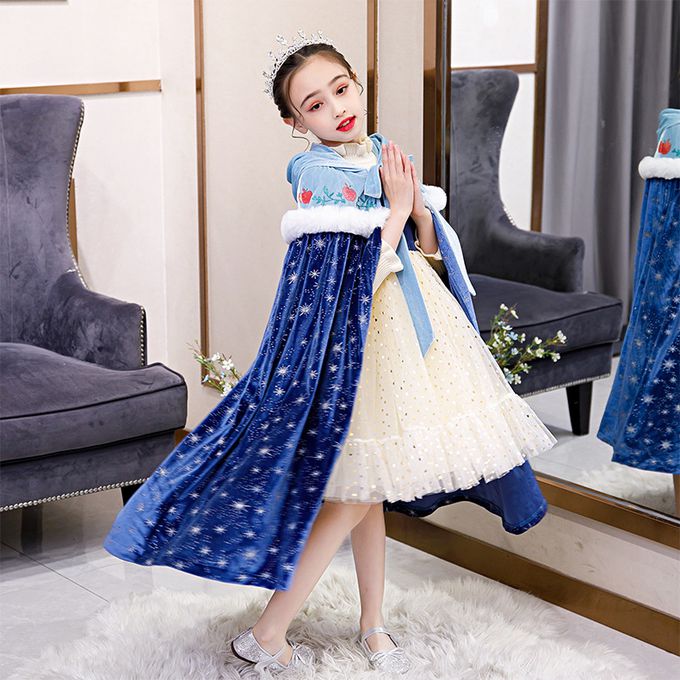 冰雪女王保暖印花斗篷-深藍色毛領