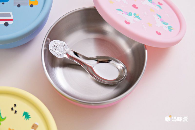 KOM - 台灣製316不鏽鋼兒童隔熱碗(附匙)-恐龍-黃-矽膠上蓋