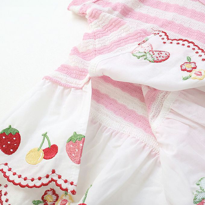 日本 ZOOLAND - 甜蜜草莓緹花條紋可愛刺繡上衣-粉紅