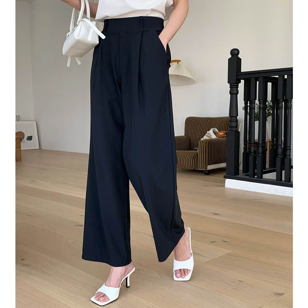 VETICA 韓製顯瘦小腹收收抓褶西裝寬褲-夏季ver.-黑