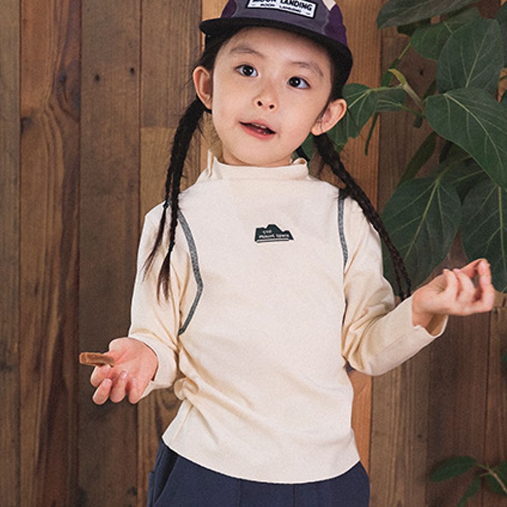 保暖德絨撞色車線半高領長袖上衣-米杏色