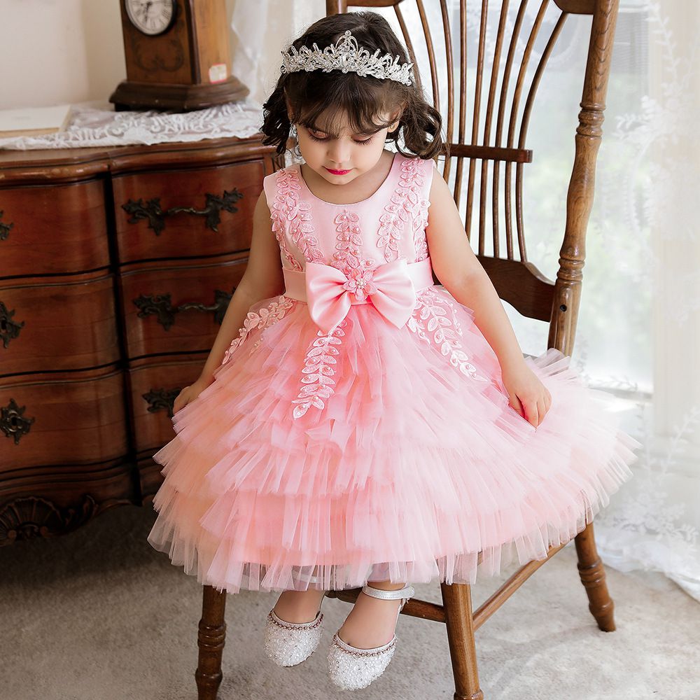 蕾絲網紗無袖蛋糕公主裙-立體蝴蝶結-粉色