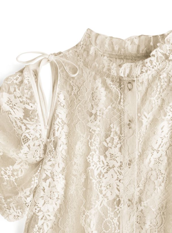 日本 GRL - 花朵蕾絲領綁帶短袖上衣-黑 (F)