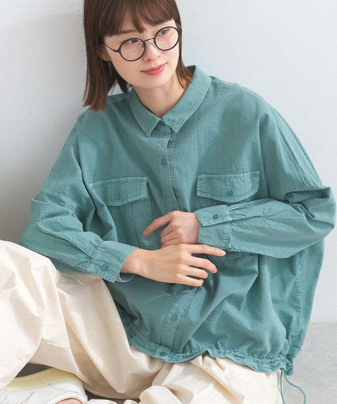 日本 Lupilien - 復古紋理率性抽繩純棉落肩襯衫-米白