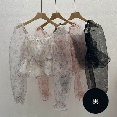 韓國女裝連線 - 浪漫花漾皺褶泡泡袖雪紡襯衫-黑 (FREE)