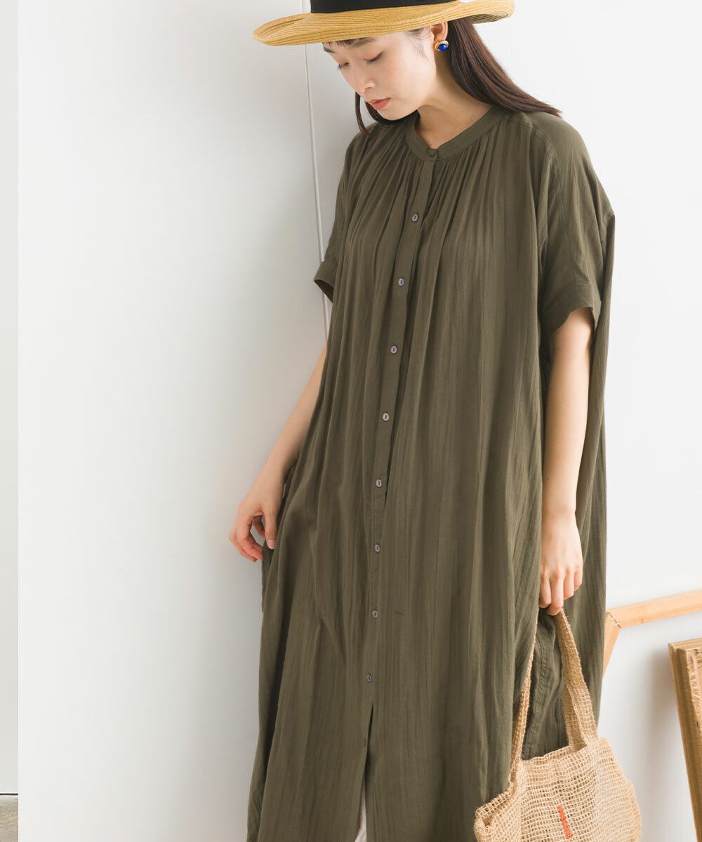 日本女裝代購 - 100%印度棉 文藝感排扣五分袖洋裝-米白