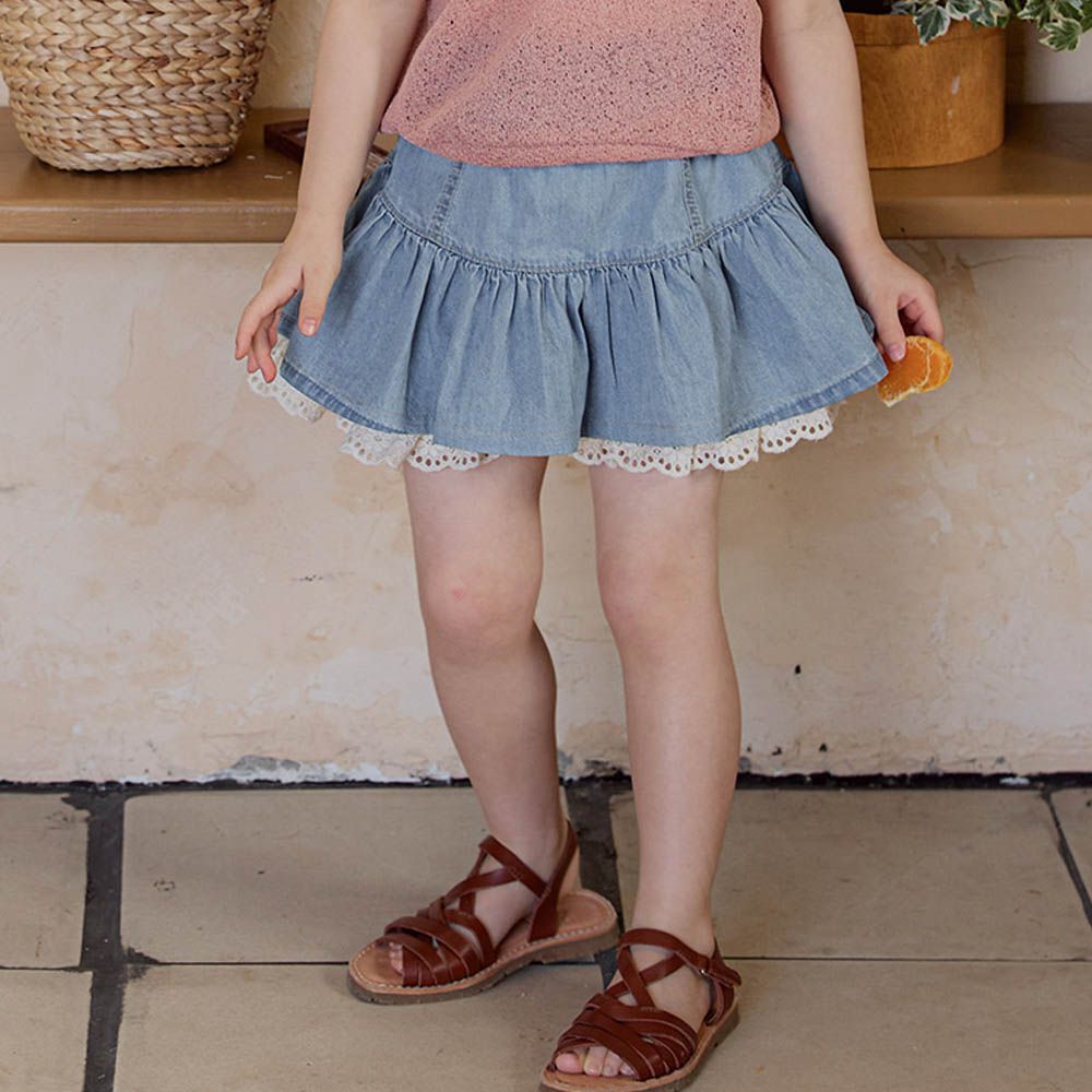 鬆緊腰層次蕾絲丹寧褲裙-中青