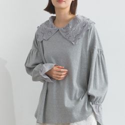 日本 Lupilien - 精緻蕾絲領落肩喇叭袖上衣-淺灰