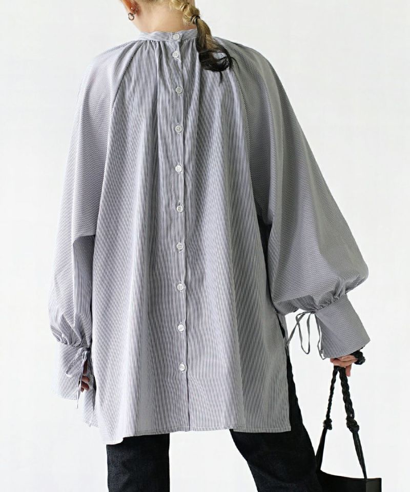 日本 zootie - 繫帶開衩袖口襯衫長版上衣-深藍條紋