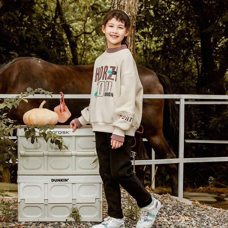 加絨休閒大學T-米杏色