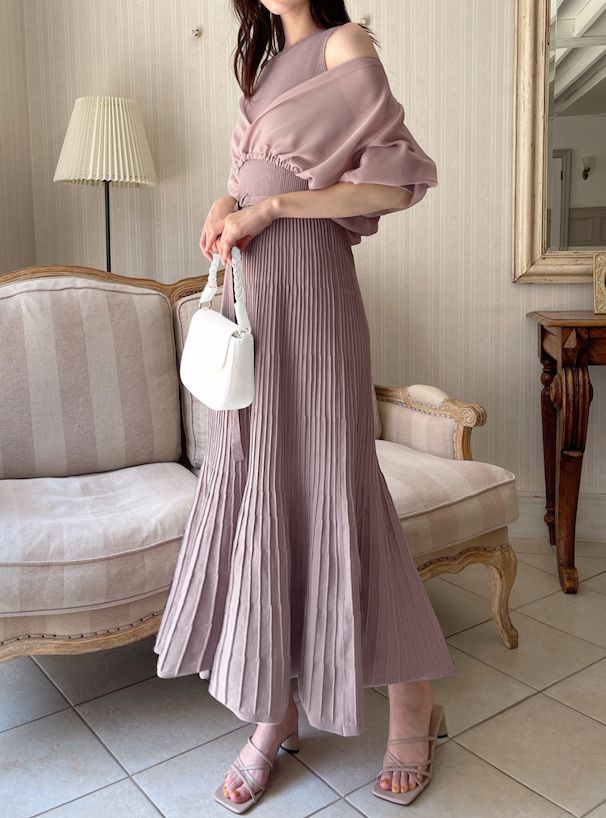 日本 GRL - 夢幻薄紗泡泡袖修身兩件式洋裝-淺米杏