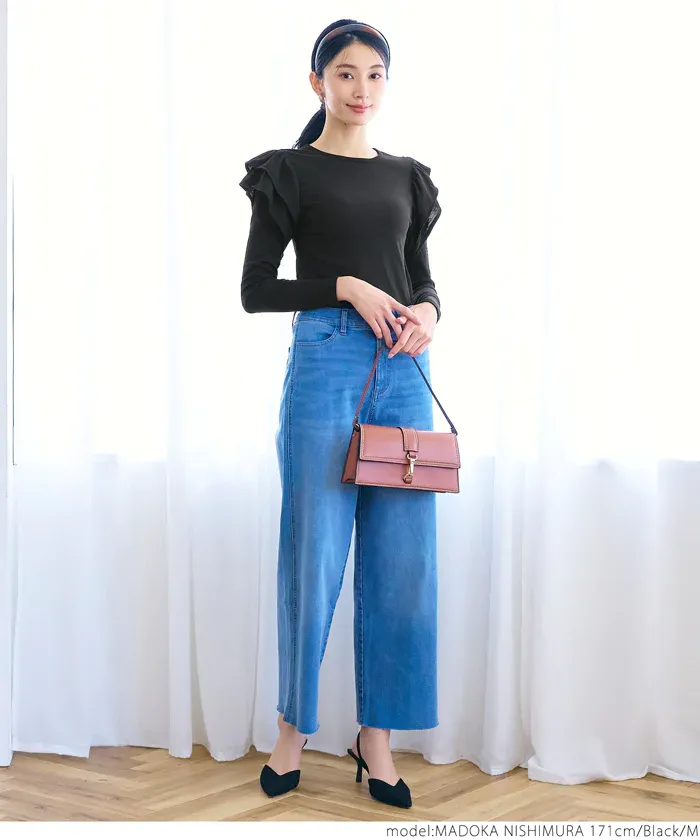 日本 COCA - 棉混透氣荷葉邊薄長袖上衣-黑