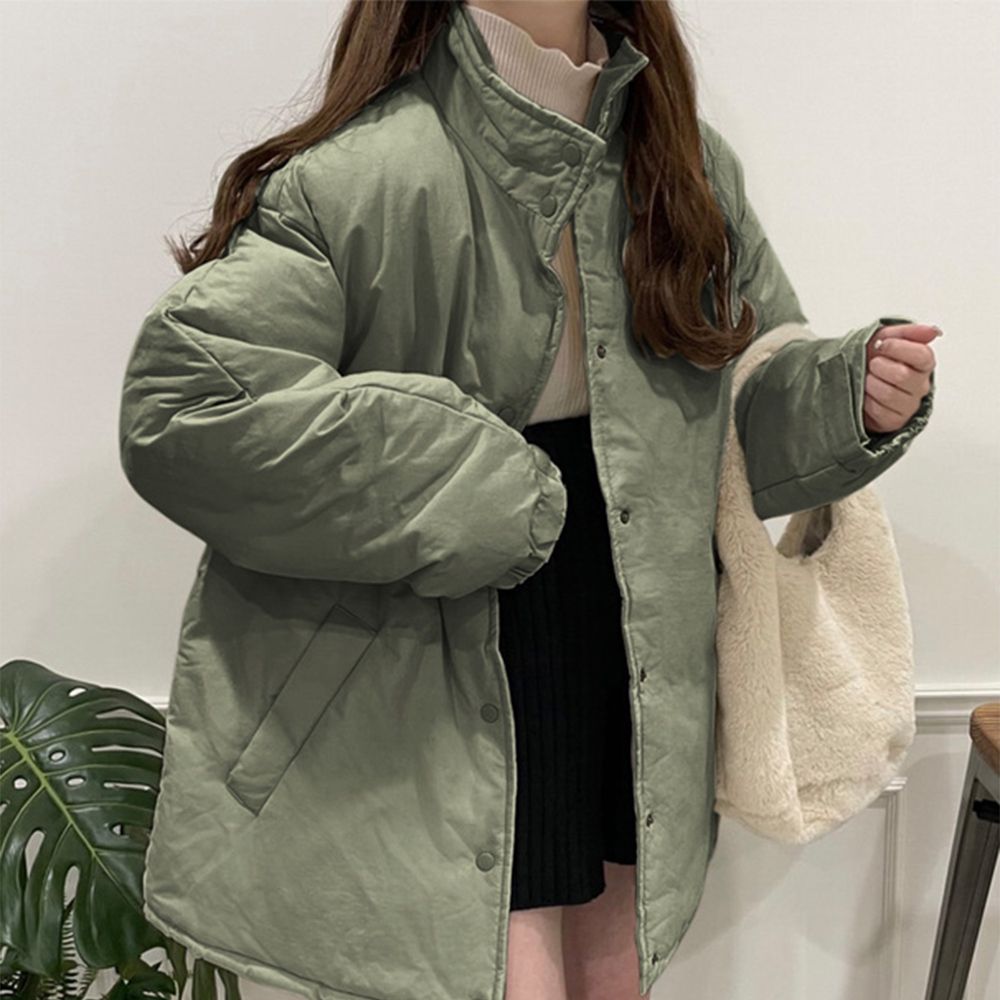 簡約立領科技羽絨蓬鬆中長外套-軍綠 (F)