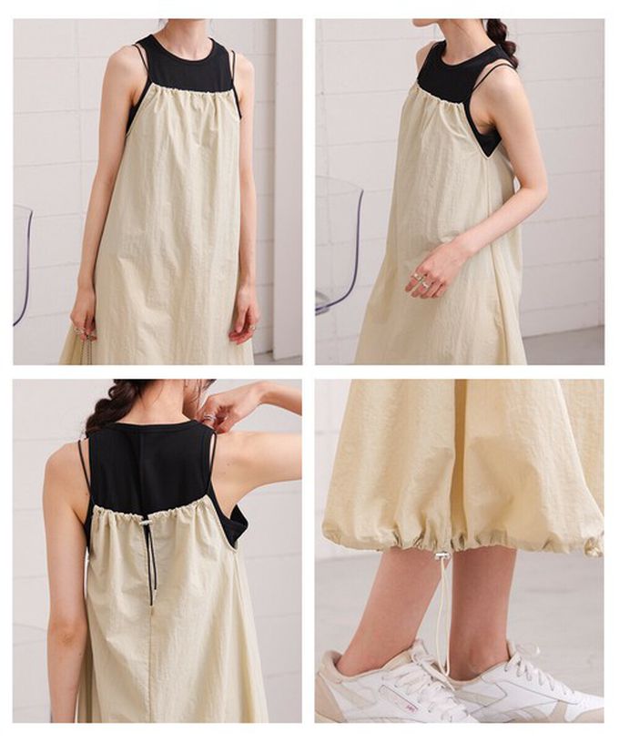 日本 Bab - 下擺澎澎氣球尼龍吊帶洋裝-米白