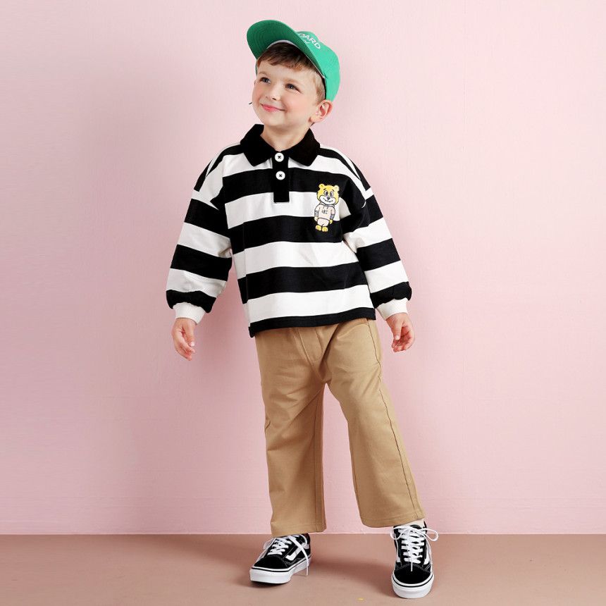 韓國 WALTON kids - 熊印寬橫紋長袖套裝