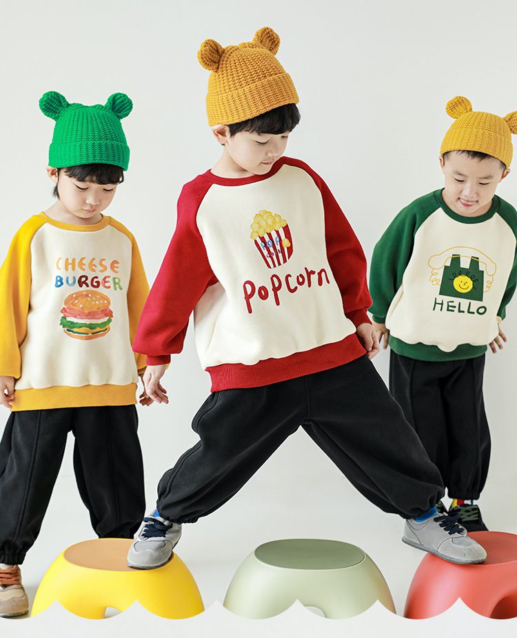 TONGMO - (加絨)卡通圓領保暖長袖上衣/大學T-漢堡-黃+米白