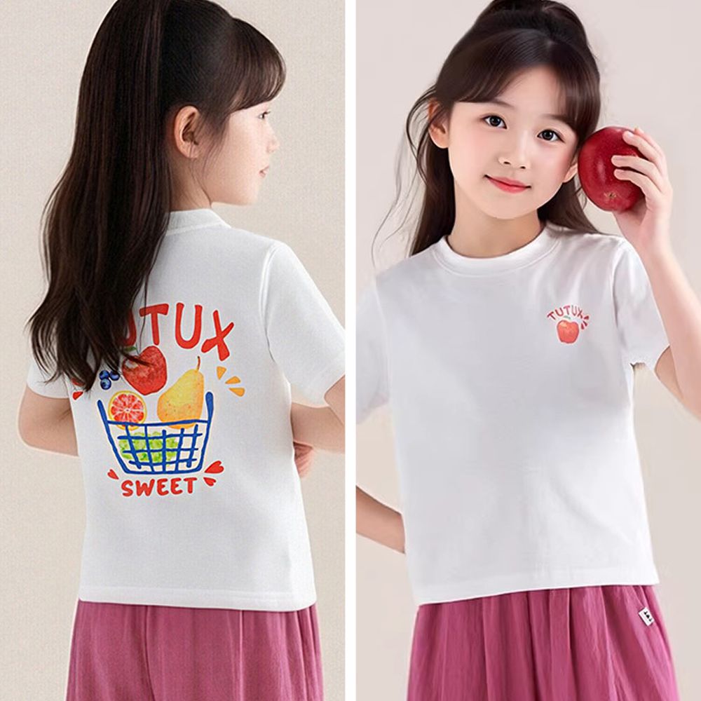 彈性舒適短袖上衣/T恤-水果印花-米白