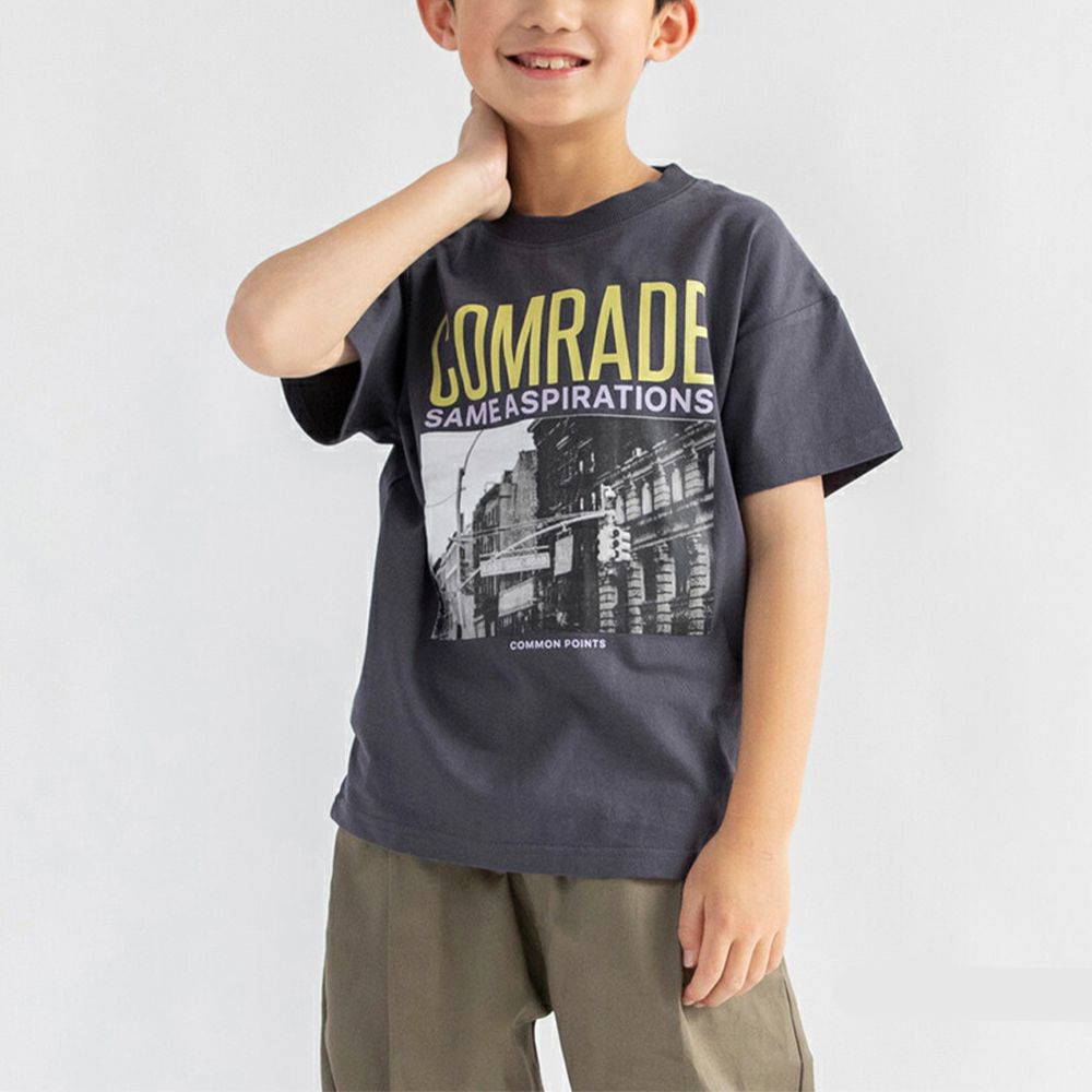 100%天竺棉 印花短袖上衣-黑白照片-炭灰