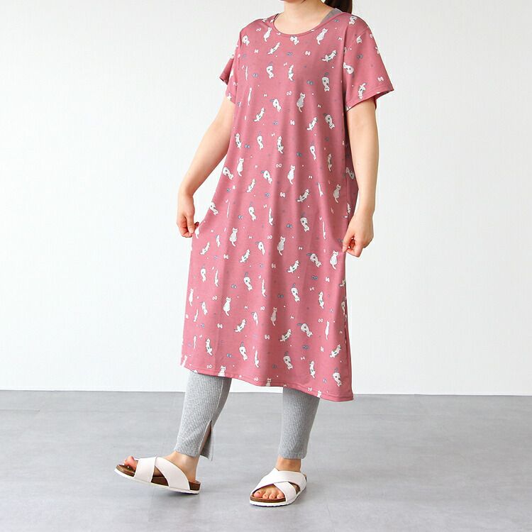 日本涼感服飾 - DRY 涼爽快乾舒適家居短袖洋裝/睡衣-花貓-桃粉 (M-L Free)