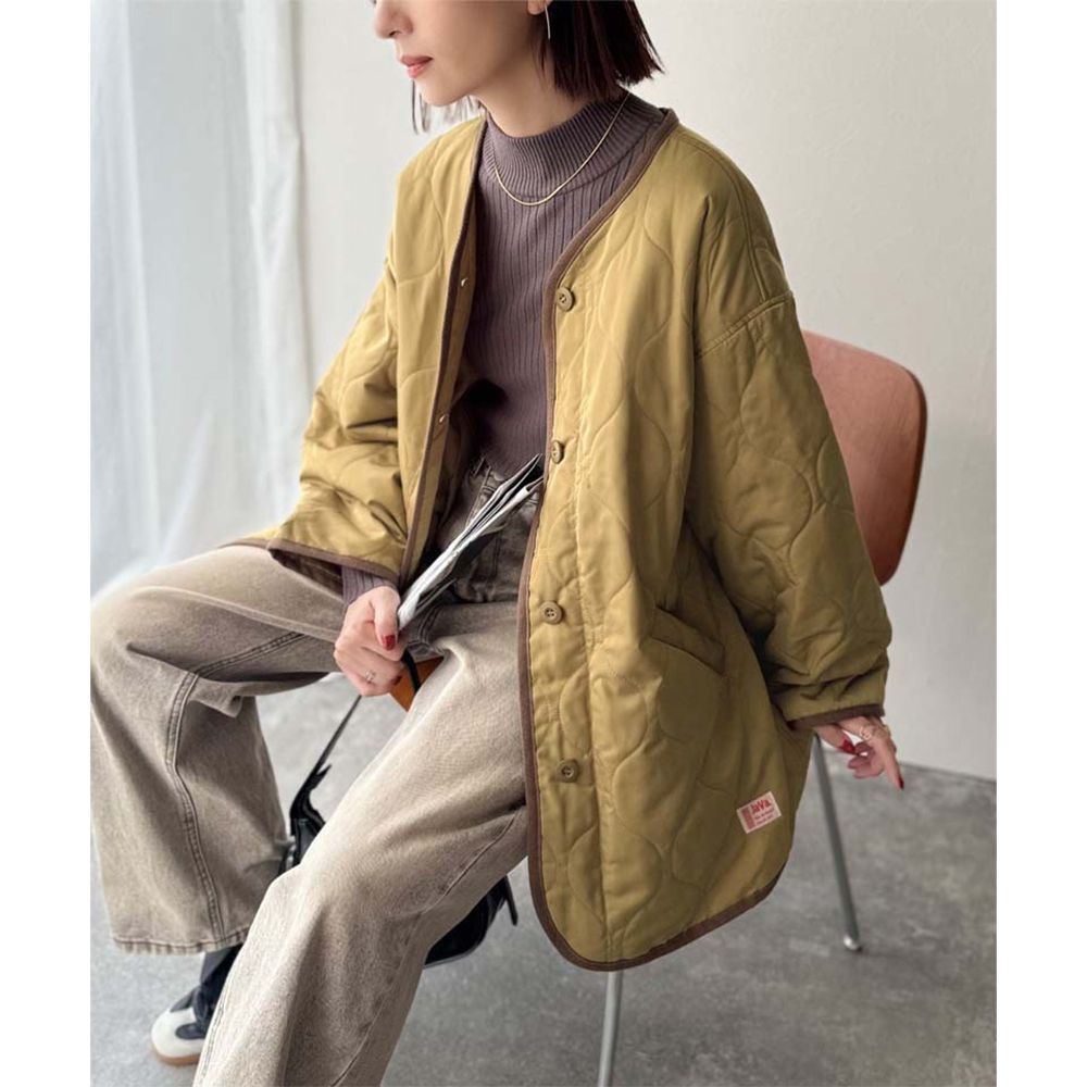 簡約絎縫泡泡紋鋪棉外套-芥末綠
