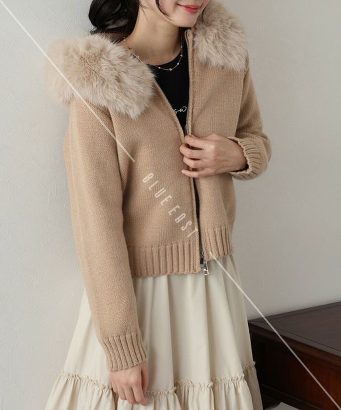 日本 BLUE EAST - 澎澎可愛毛絨帽雙拉鍊針織外套-卡其