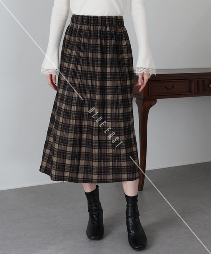 日本 BLUE EAST - 經典季節感格紋百褶長裙-咖啡系 (M)