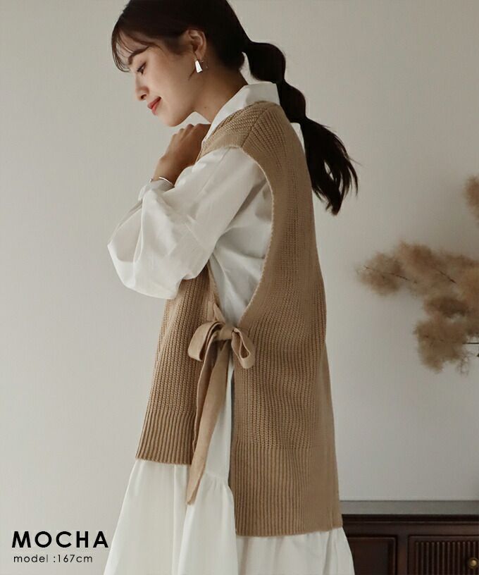 日本 BLUE EAST - 柔軟文藝綁帶針織背心-可可