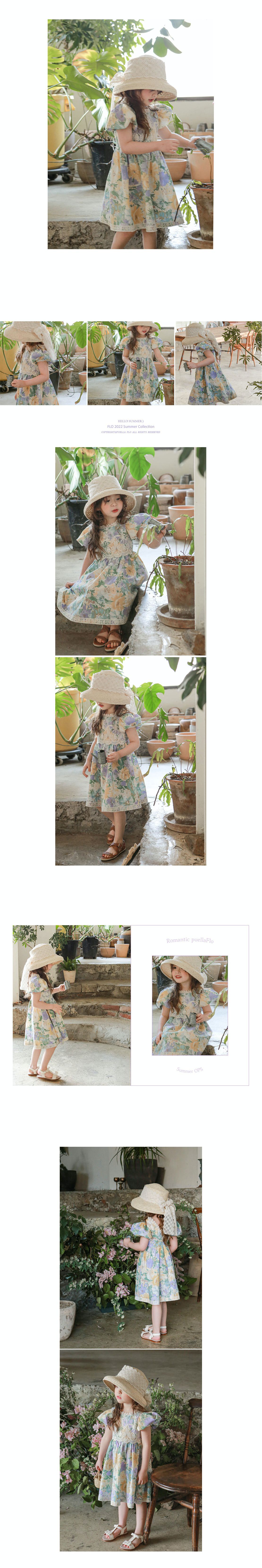 韓國 Puellaflo - 透膚蕾絲裝飾花朵泡泡袖洋裝-藍