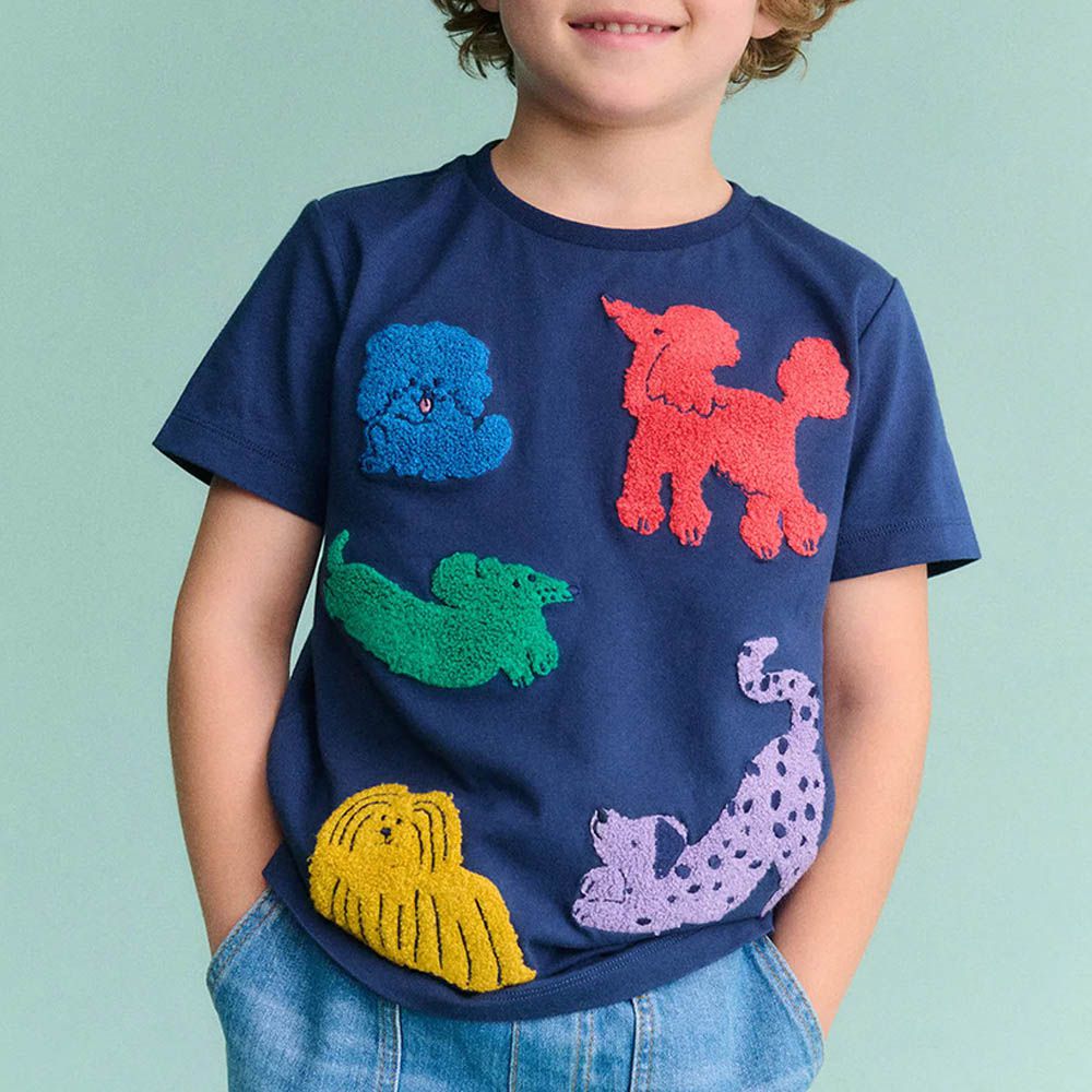 棉質圓領短袖上衣-立體動物貼布繡-藏青