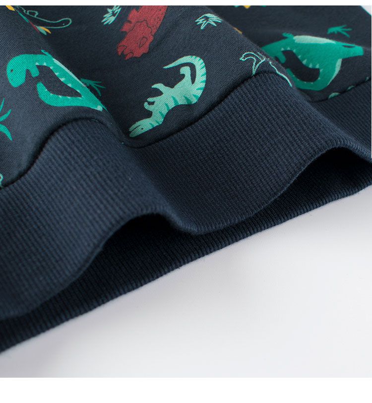 加絨棉質圓領長袖上衣/大學T-滿滿恐龍-深藍色