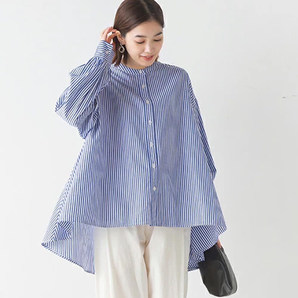 日本 OMNES - 100%棉 前短後長寬鬆長袖襯衫-條紋-藍白