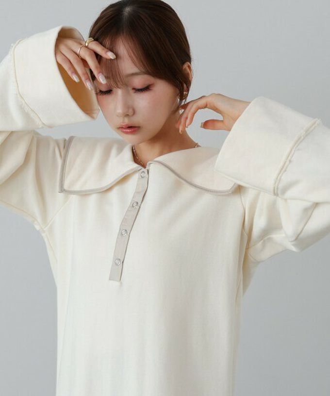 日本 Bab - 滾邊個性大翻領休閒長袖洋裝-象牙