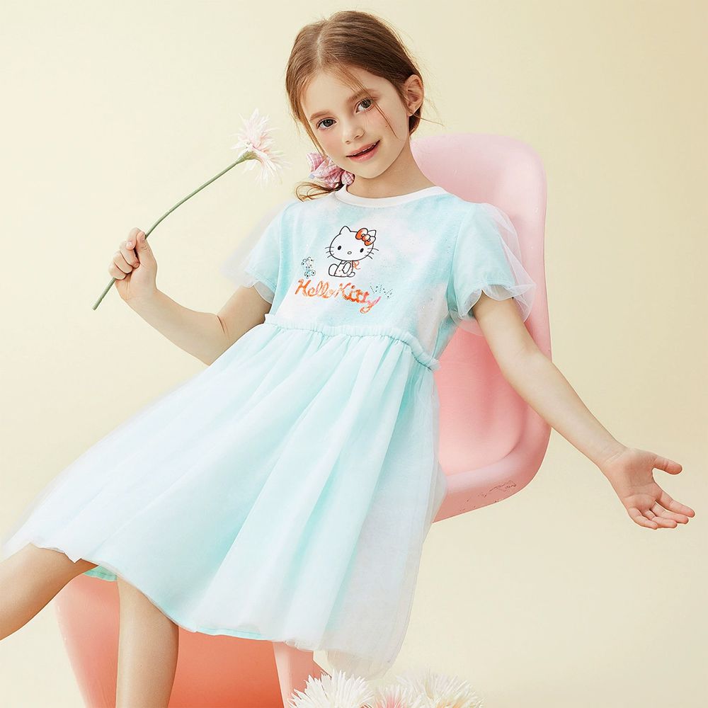 浪漫網紗泡泡短袖洋裝-卡通人物Hello Kitty-藍綠