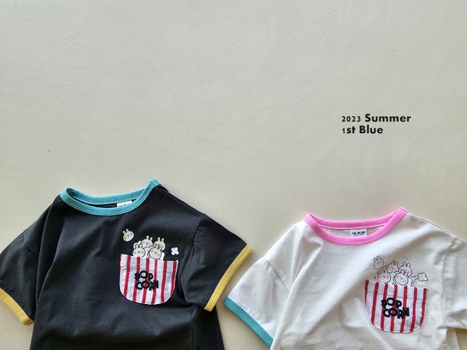 韓國 First Blue - 圓領純棉口袋短袖上衣-爆米花兔兔-黑X綠X黃